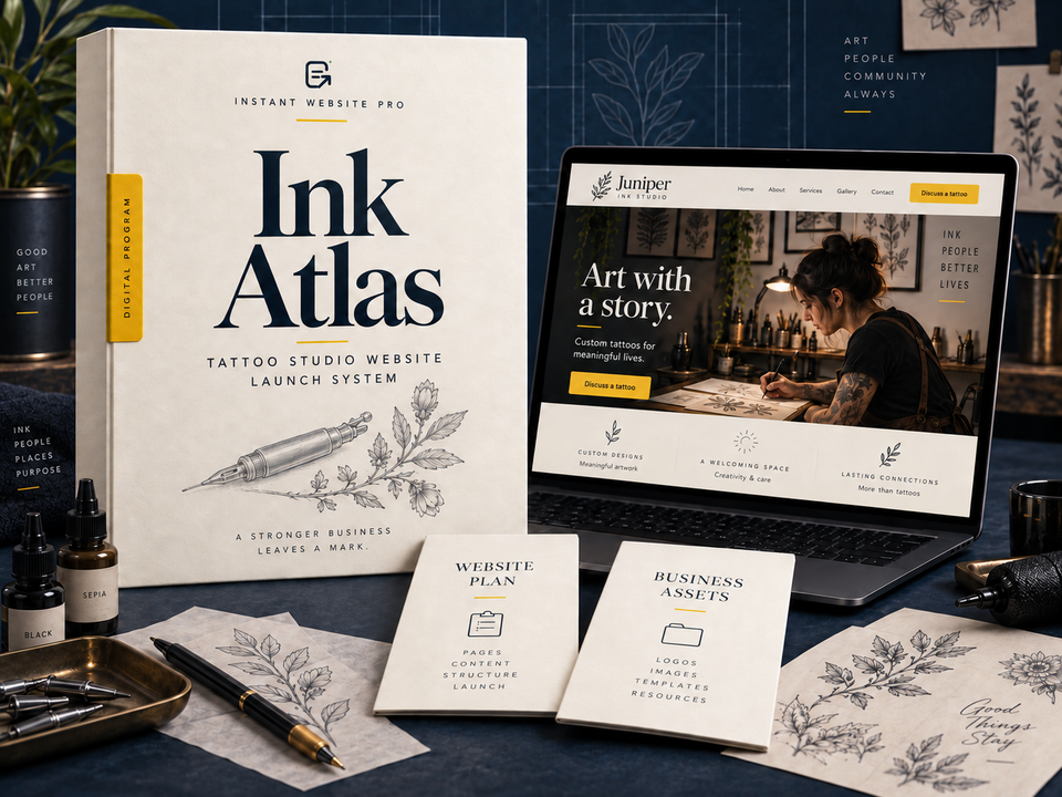 Ink Atlas tattoo studio website launch system: cream book with a pencil sketch of a tattoo pen beside an original botanical ink drawing, a laptop showing fictional Juniper Ink Studio, and Website Plan and Business Assets booklets.