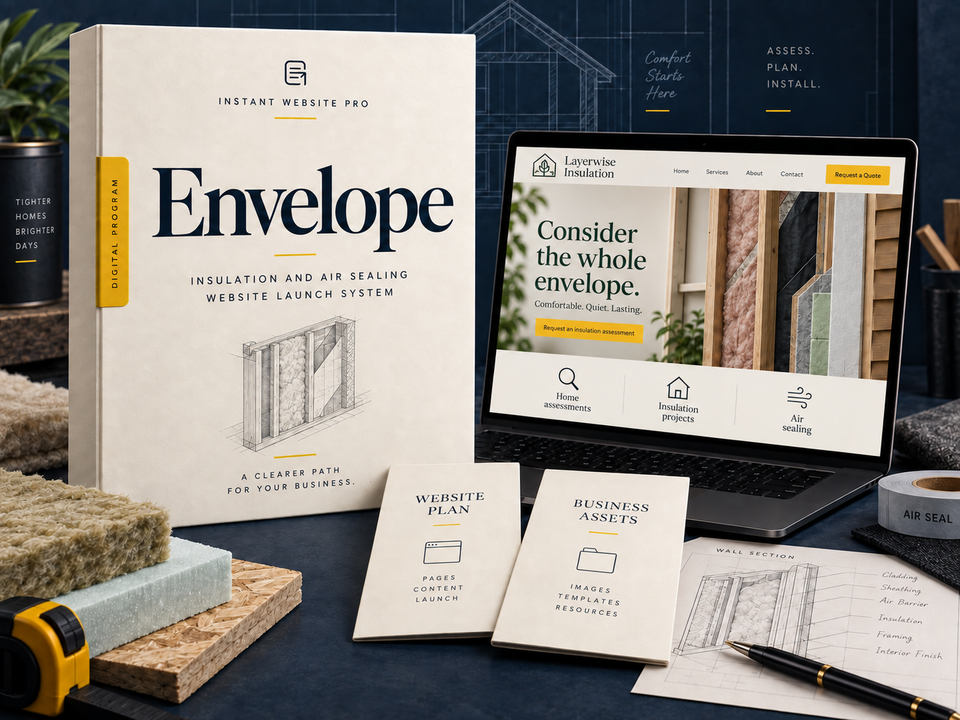 Envelope insulation and air sealing website launch system: cream book with a pencil sketch of a simple wall section with insulation layers, a laptop showing fictional Layerwise Insulation, and Website Plan and Business Assets booklets.