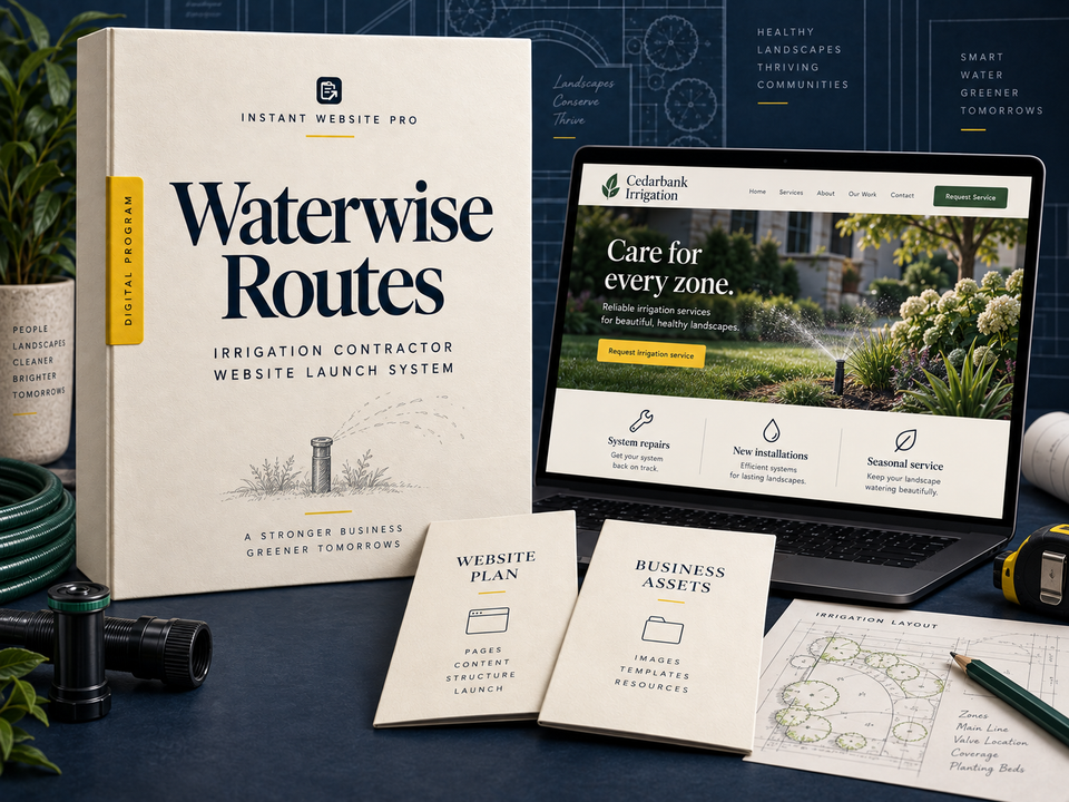 Waterwise Routes irrigation contractor website launch system: cream book with a pencil sketch of a sprinkler head with a small water arc, a laptop showing fictional Cedarbank Irrigation, and Website Plan and Business Assets booklets.