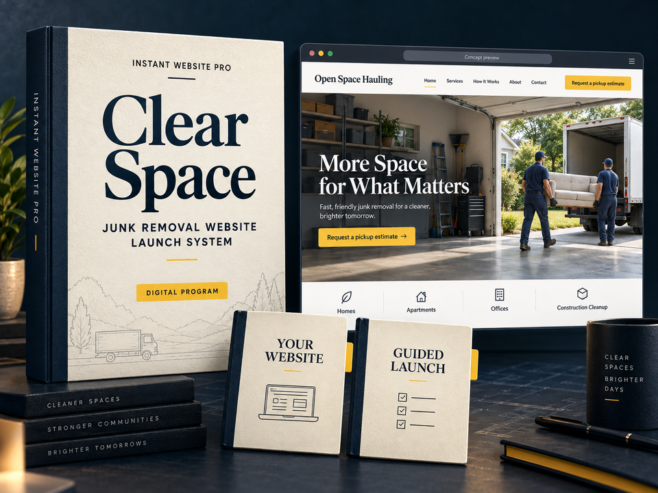 Clear Space digital website program for junk removal, shown as a cream folio with a fictional Open Space Hauling website preview.
