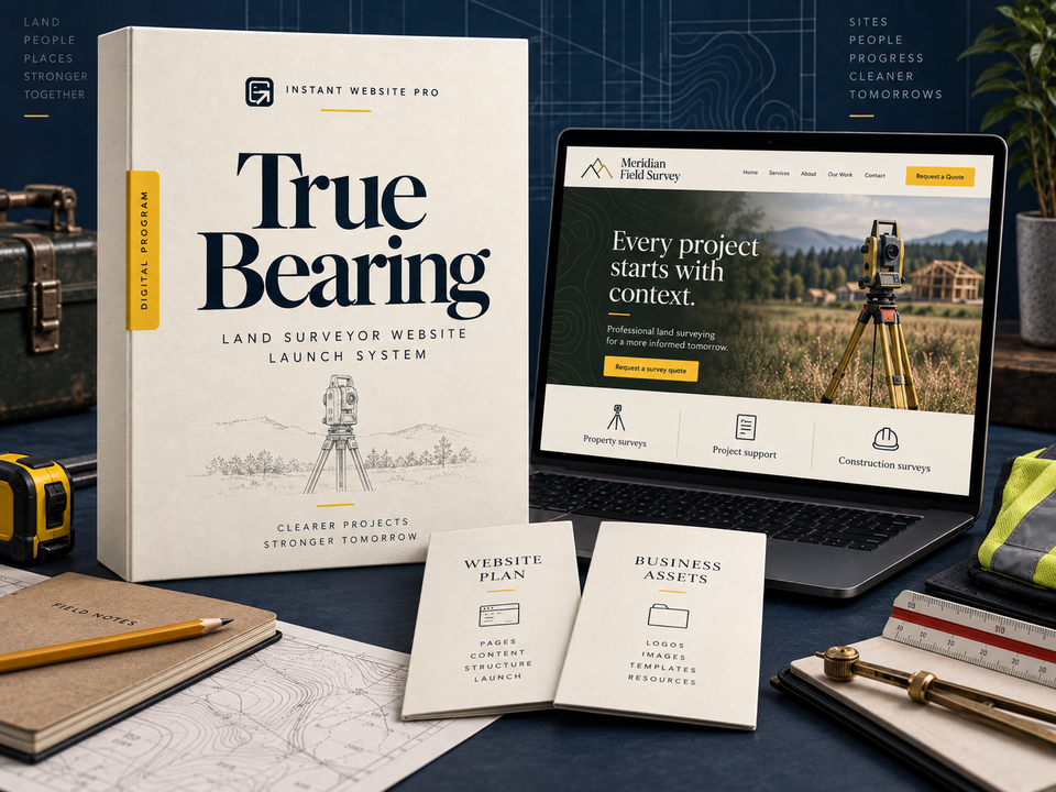True Bearing land surveyor website launch system: cream book with a pencil sketch of a survey instrument on a tripod, a laptop showing fictional Meridian Field Survey, and Website Plan and Business Assets booklets.