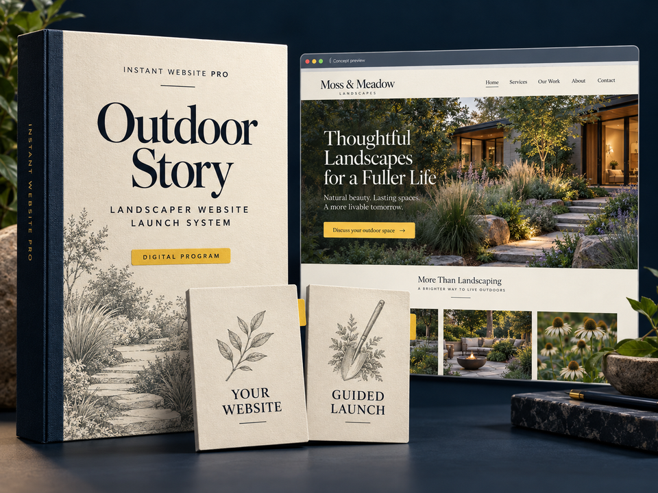 Outdoor Story digital website program for landscaper, shown as a cream folio with a fictional Moss & Meadow Landscapes website preview.