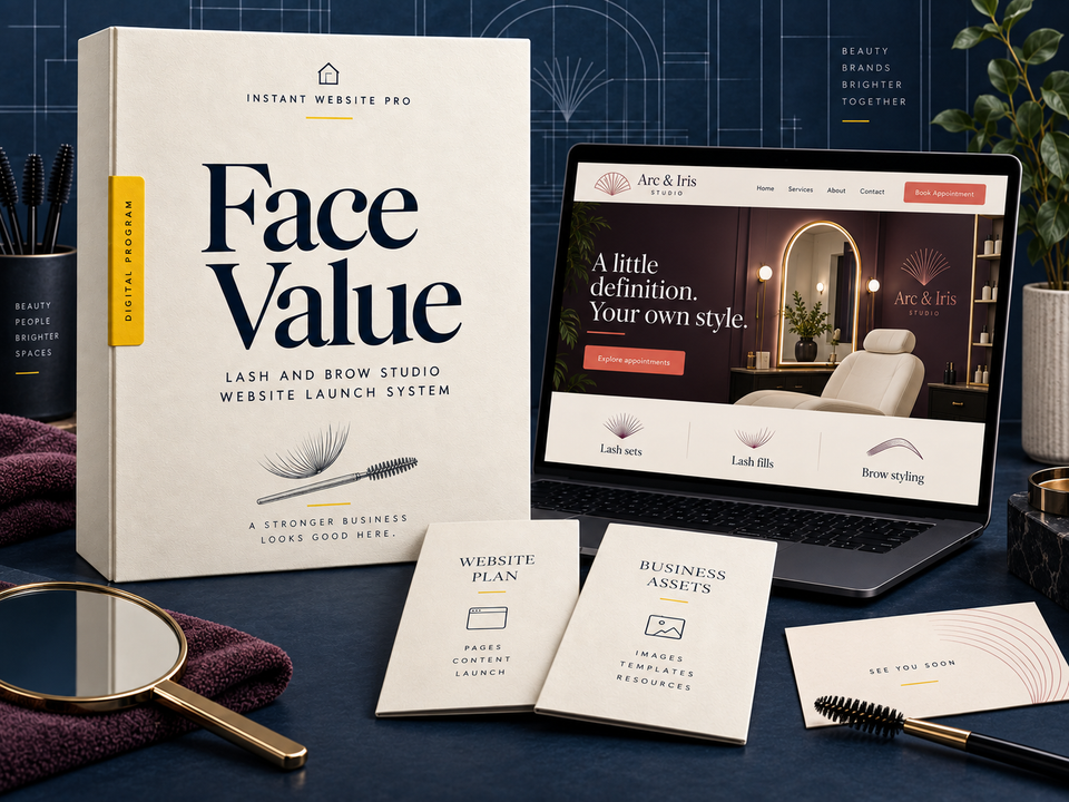 Face Value lash and brow studio website launch system: cream folio with a delicate lash fan arc and a brow spoolie brush pencil sketch, laptop showing fictional Arc & Iris Studio, and Website Plan and Business Assets booklets.