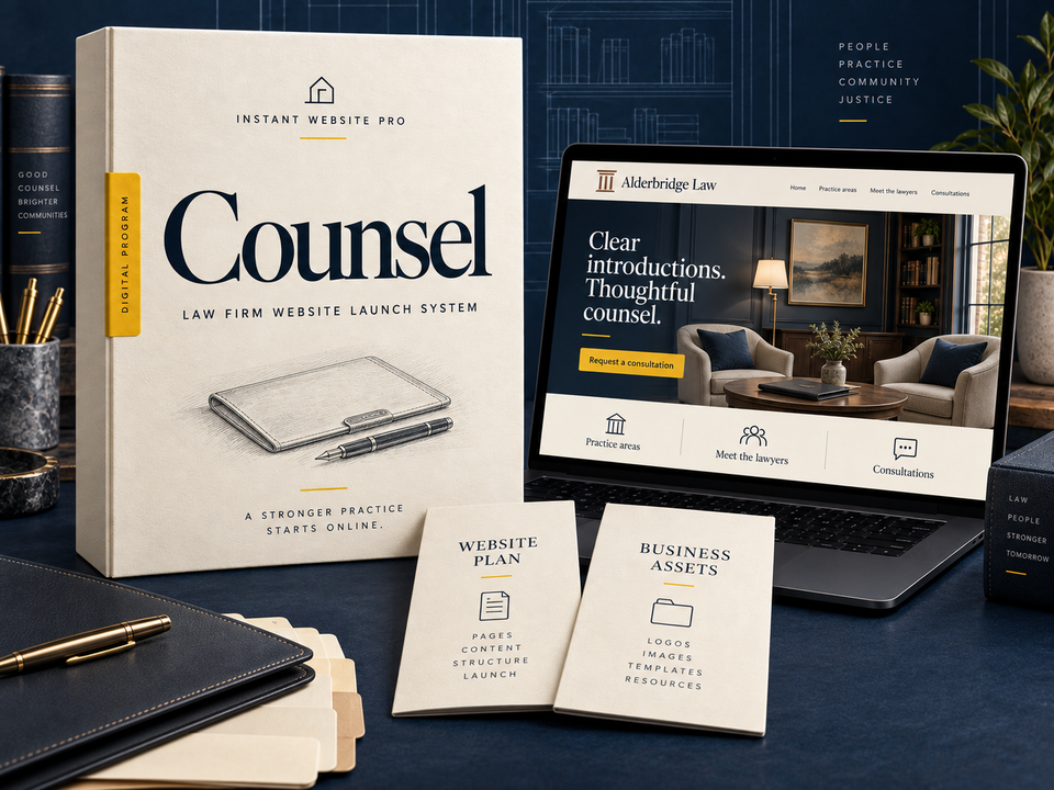 Counsel law firm website launch system: cream folio with a closed document folio and fountain pen on a consultation table pencil sketch, laptop showing fictional Alderbridge Law, and Website Plan and Business Assets booklets.