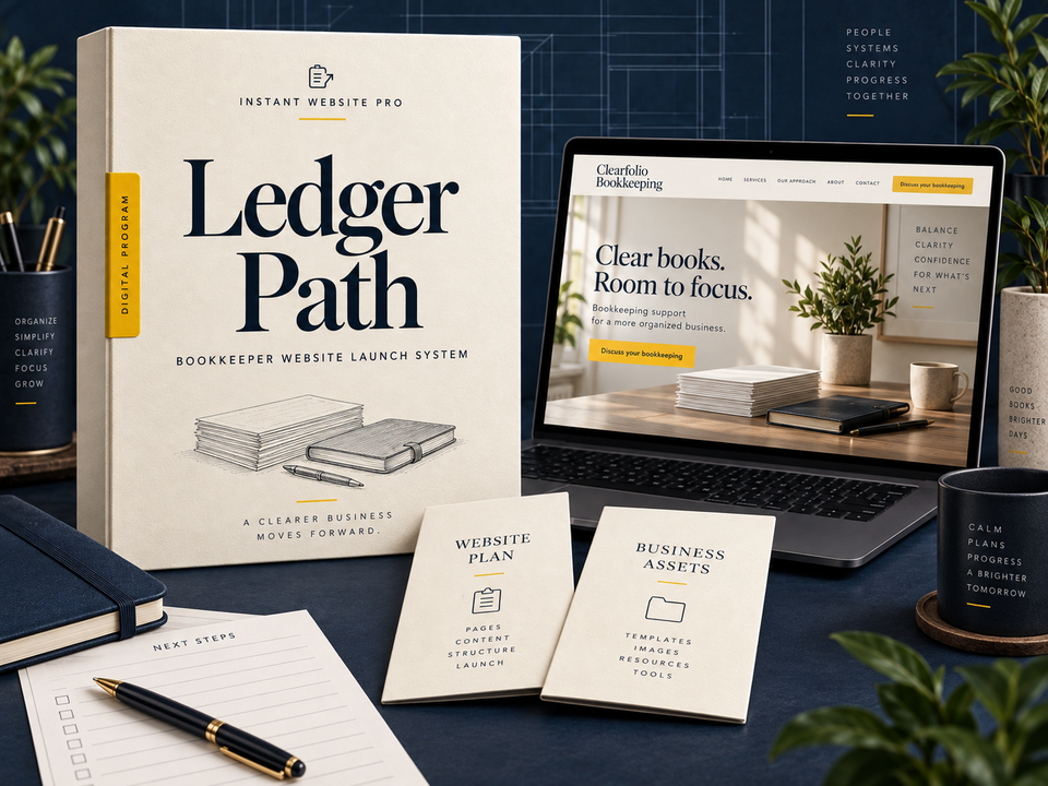 Ledger Path website launch system: cream folio with pencil sketch, open laptop showing Clearfolio Bookkeeping, and Website Plan and Business Assets booklets.