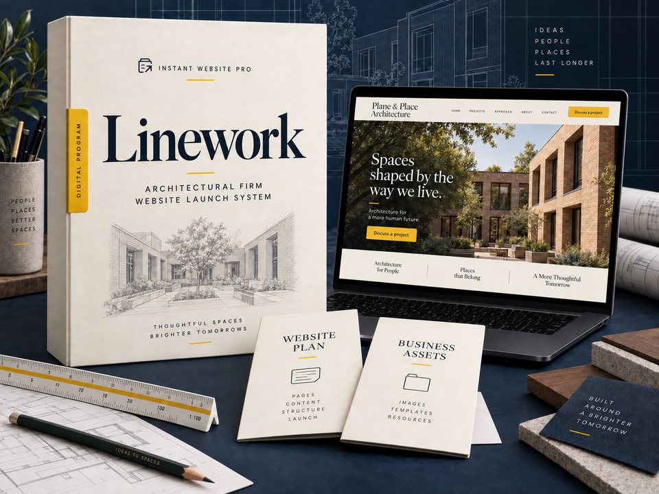 Linework architectural firm website launch system: cream folio with pencil courtyard sketch, an open laptop showing fictional Plane & Place Architecture, and Website Plan and Business Assets booklets.