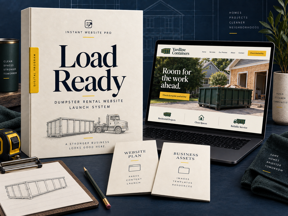 Load Ready dumpster rental website launch system: cream book with a pencil sketch of a roll-off container beside a simple truck outline, a laptop showing fictional Yardline Containers, and Website Plan and Business Assets booklets.
