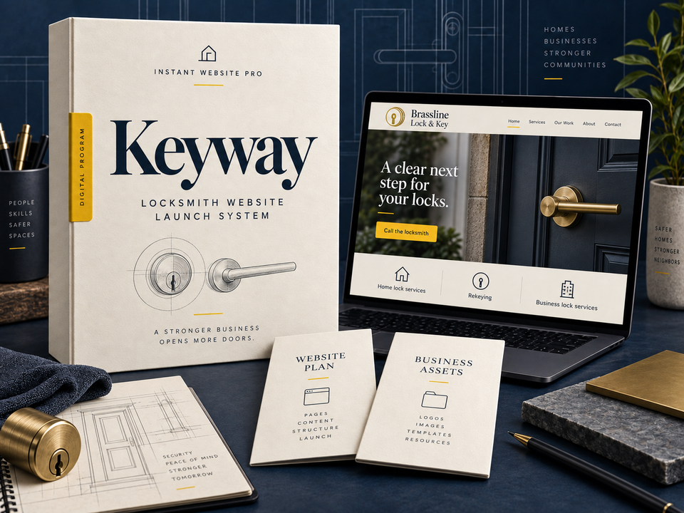 Keyway locksmith website launch system: cream folio with abstract concentric lock-cylinder rings beside a simple door handle pencil sketch, laptop showing fictional Brassline Lock & Key, and Website Plan and Business Assets booklets.