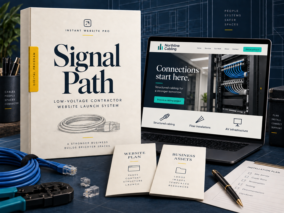 Signal Path low-voltage contractor website launch system: cream book with a pencil sketch of an orderly cable loop and network connector, a laptop showing fictional Northline Cabling, and Website Plan and Business Assets booklets.