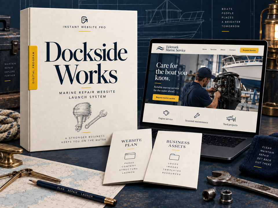 Dockside Works marine repair website launch system: cream book with a pencil sketch of an outboard motor beside a wrench, a laptop showing fictional Tidemark Marine Service, and Website Plan and Business Assets booklets.