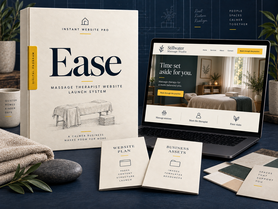 Ease massage therapist website launch system: cream folio with a linen-covered massage table and folded towels pencil sketch, laptop showing fictional Stillwater Massage Studio, and Website Plan and Business Assets booklets.