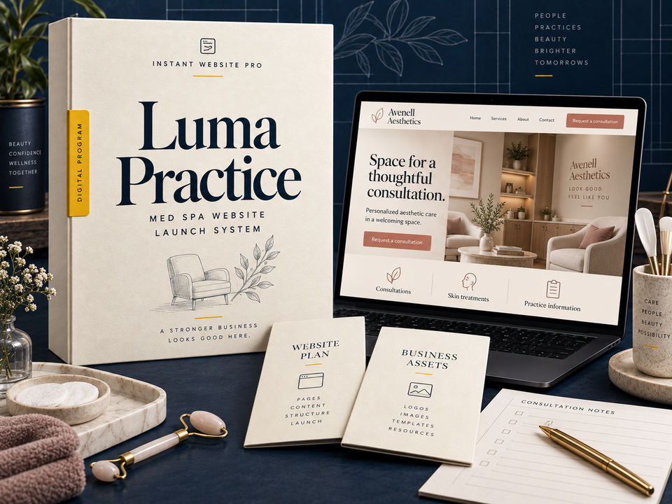 Luma Practice med spa website launch system: cream book with a pencil sketch of a consultation chair and a small botanical branch, a laptop showing fictional Avenell Aesthetics, and Website Plan and Business Assets booklets.