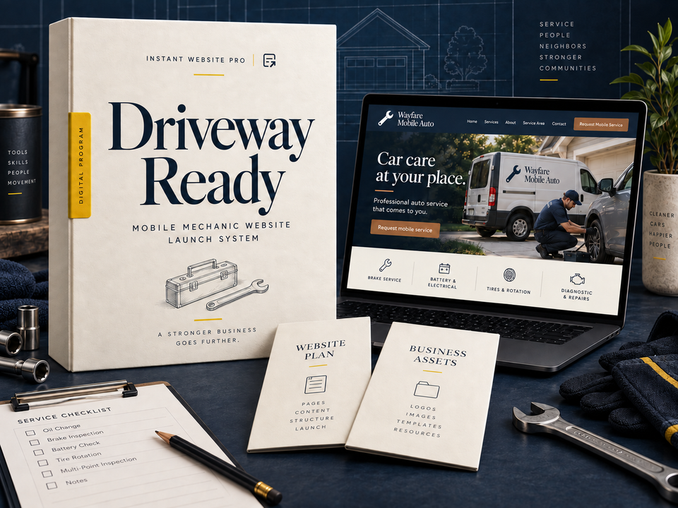 Driveway Ready mobile mechanic website launch system: cream book with a pencil sketch of a compact tool case and open-ended wrench, a laptop showing fictional Wayfare Mobile Auto, and Website Plan and Business Assets booklets.