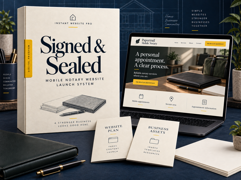 Signed & Sealed mobile notary website launch system: cream folio with a plain paper stack and a fountain pen beside a document wallet pencil sketch, laptop showing fictional Papertrail Mobile Notary, and Website Plan and Business Assets booklets.