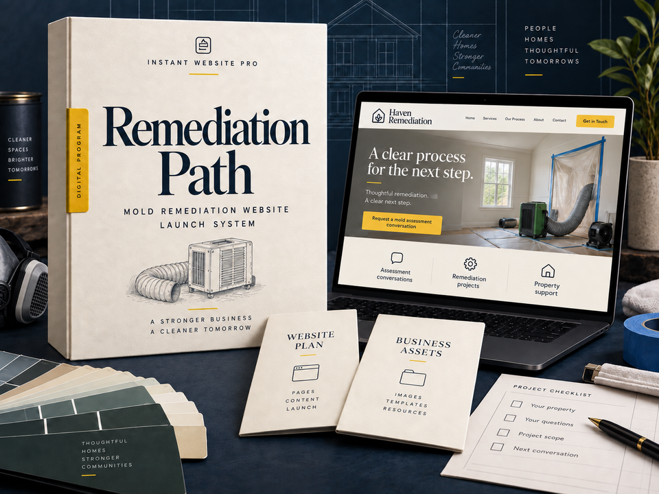 Remediation Path mold remediation website launch system: cream book with a pencil sketch of a generic air filtration unit and hose, a laptop showing fictional Haven Remediation, and Website Plan and Business Assets booklets.