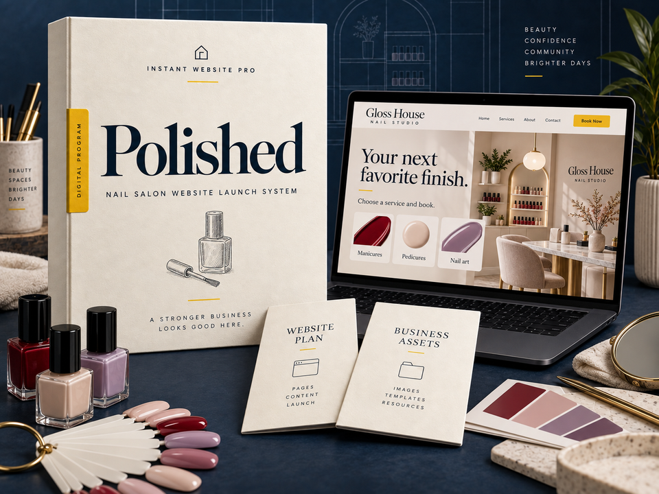 Polished nail salon website launch system: cream folio with a nail polish bottle and a small brush pencil sketch, laptop showing fictional Gloss House Nail Studio, and Website Plan and Business Assets booklets.