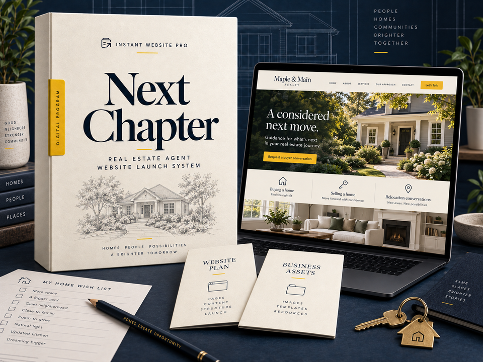 Next Chapter Real Estate Agent Website Launch System: cream pencil-sketch program folio, open laptop showing fictional Maple & Main Realty, and Website Plan and Business Assets booklets.