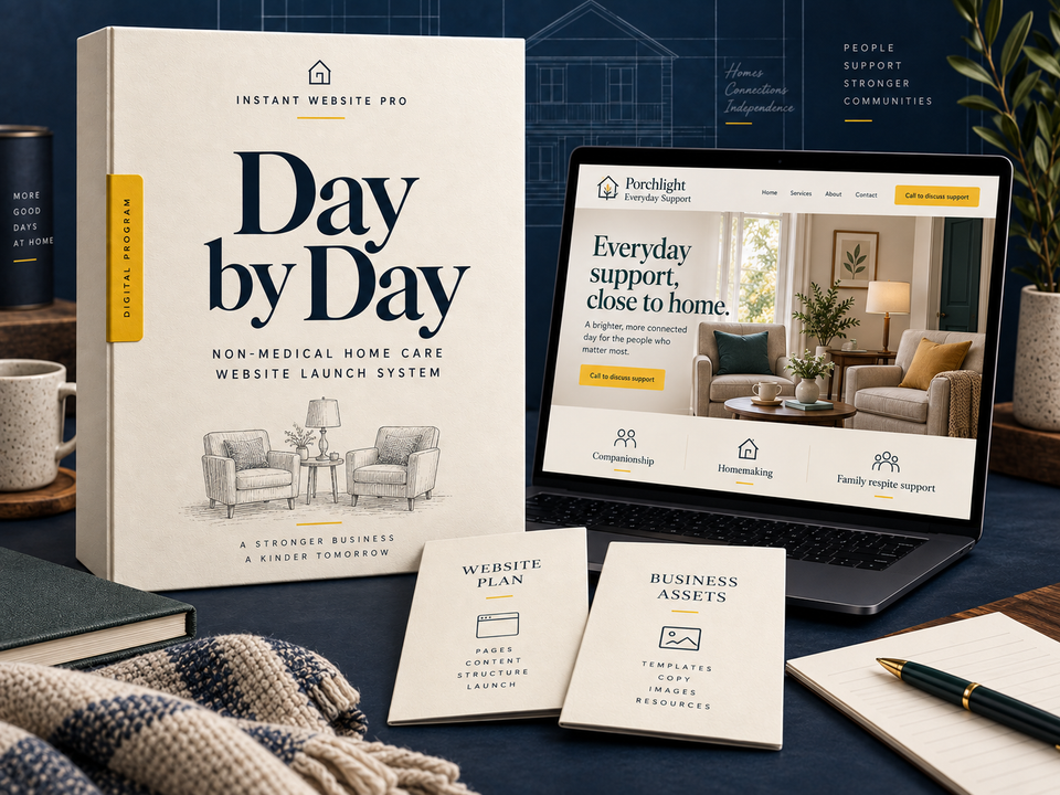 Day by Day non-medical home care website launch system: cream folio with two armchairs beside a reading table and lamp pencil sketch, laptop showing fictional Porchlight Everyday Support, and Website Plan and Business Assets booklets.