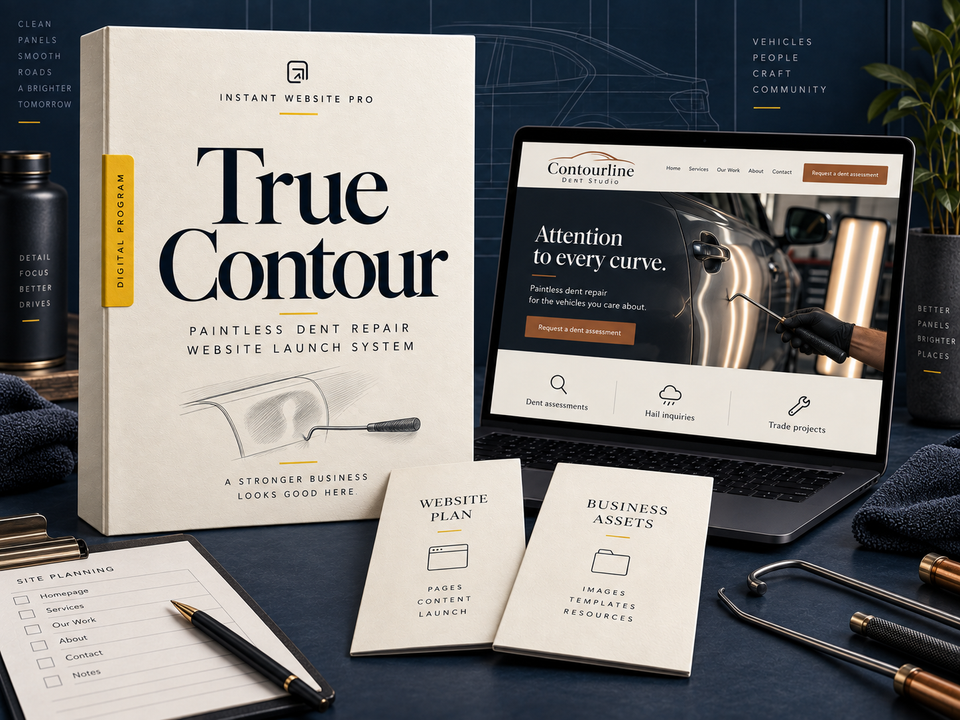 True Contour paintless dent repair website launch system: cream book with a pencil sketch of a curved vehicle panel and dent tool, a laptop showing fictional Contourline Dent Studio, and Website Plan and Business Assets booklets.