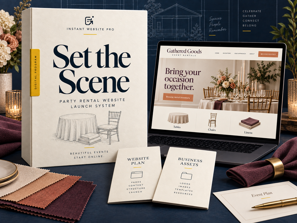 Set the Scene party rental website launch system: cream folio with a simple event table, chair and folded linen pencil sketch, laptop showing fictional Gathered Goods Event Rentals, and Website Plan and Business Assets booklets.