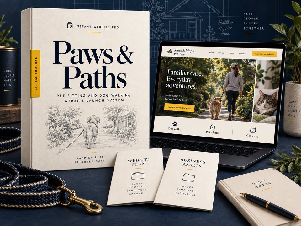 Paws & Paths Pet Sitting and Dog Walking Website Launch System: cream pencil-sketch program folio, open laptop showing fictional Moss & Maple Pet Care, and Website Plan and Business Assets booklets.