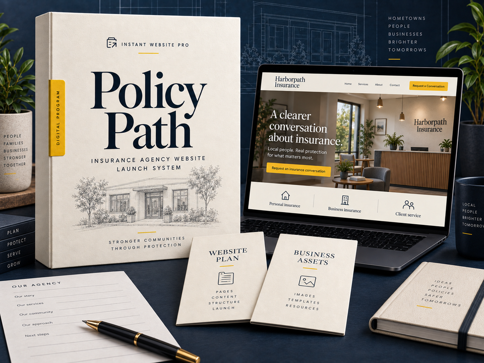 Policy Path insurance agency website launch system, with cream folio, pencil sketch, laptop preview for Harborpath Insurance and Website Plan and Business Assets booklets.