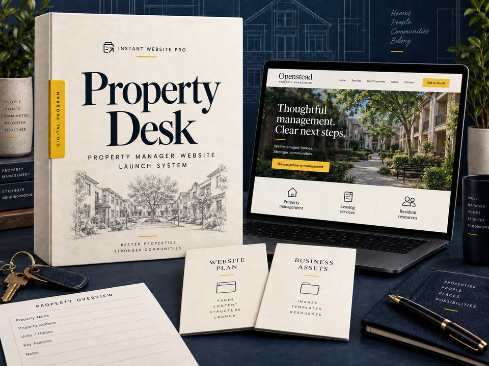 Property Desk website launch system: cream folio with pencil sketch, open laptop showing Openstead Property Management, and Website Plan and Business Assets booklets.