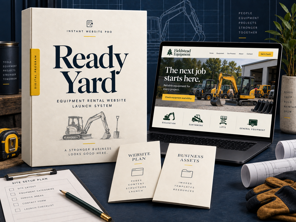 Ready Yard equipment rental website launch system: cream book with a pencil sketch of a compact excavator beside a hand tool, a laptop showing fictional Fieldstead Equipment, and Website Plan and Business Assets booklets.