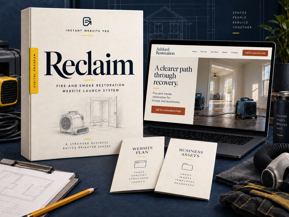 Reclaim fire and smoke restoration website launch system: cream book with a pencil sketch of a restoration air mover and a clean doorway, a laptop showing fictional Ashford Restoration, and Website Plan and Business Assets booklets.