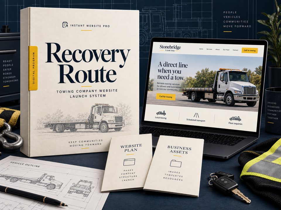 Recovery Route Towing Company Website Launch System: cream pencil-sketch program folio, open laptop showing fictional Stonebridge Towing, and Website Plan and Business Assets booklets.
