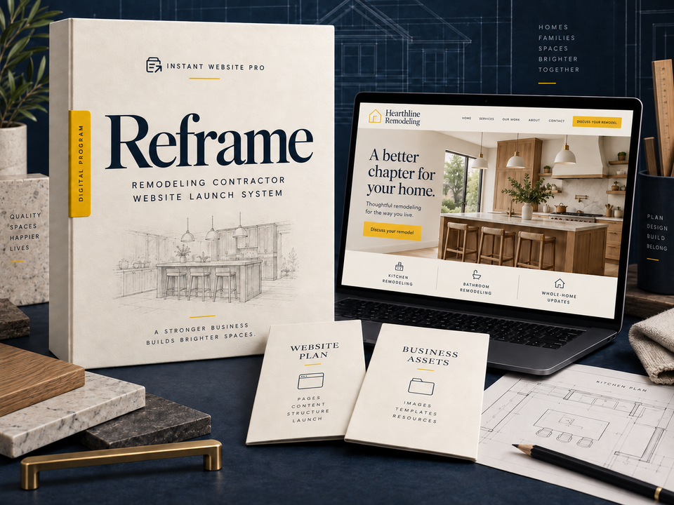 Reframe website launch system: cream folio with pencil sketch, open laptop showing Hearthline Remodeling, and Website Plan and Business Assets booklets.