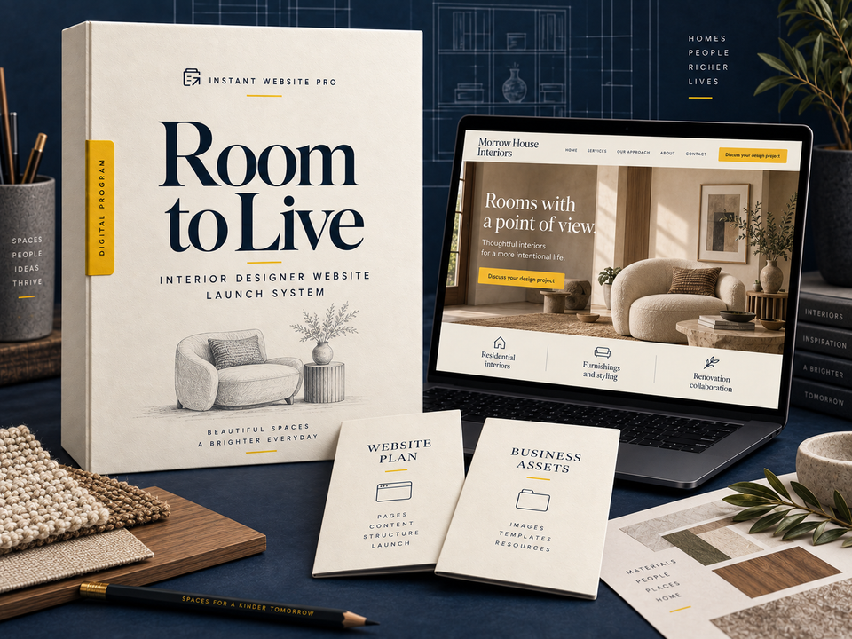 Room to Live interior designer website launch system, with cream folio, pencil sketch, laptop preview for Morrow House Interiors and Website Plan and Business Assets booklets.