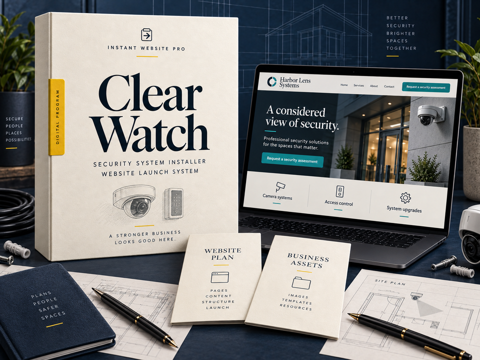 Clear Watch security system installer website launch system: cream book with a pencil sketch of a compact camera and an access reader, a laptop showing fictional Harbor Lens Systems, and Website Plan and Business Assets booklets.