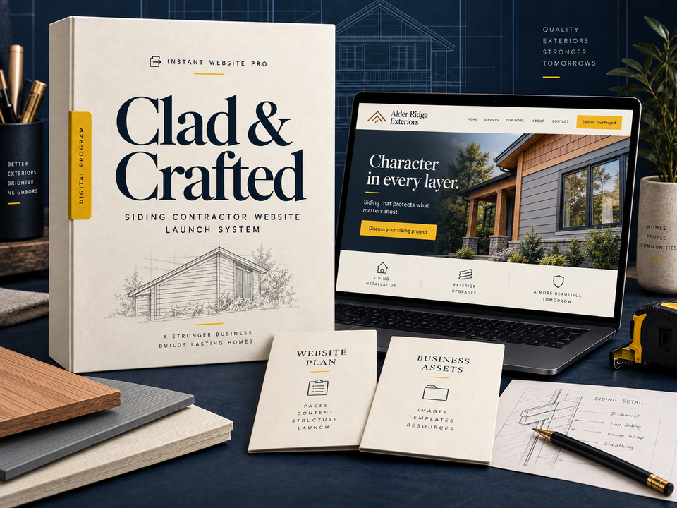 Clad & Crafted siding contractor website launch system: cream book with a pencil sketch of overlapping siding boards on a small house elevation, a laptop showing fictional Alder Ridge Exteriors, and Website Plan and Business Assets booklets.