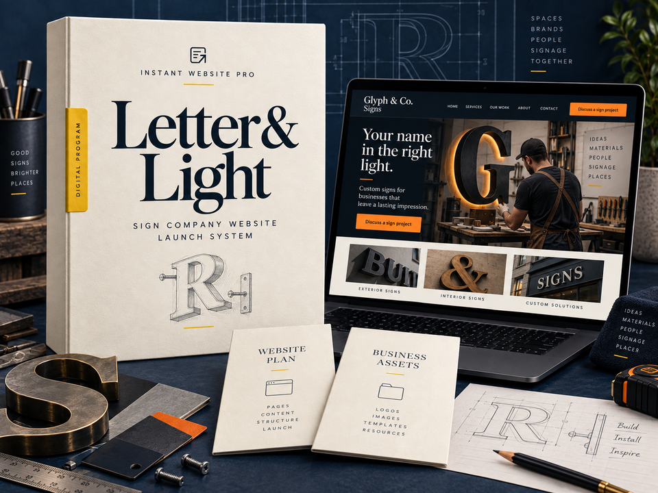 Letter & Light sign company website launch system: cream book with a pencil sketch of a raised storefront letter and a mounting bracket, a laptop showing fictional Glyph & Co. Signs, and Website Plan and Business Assets booklets.