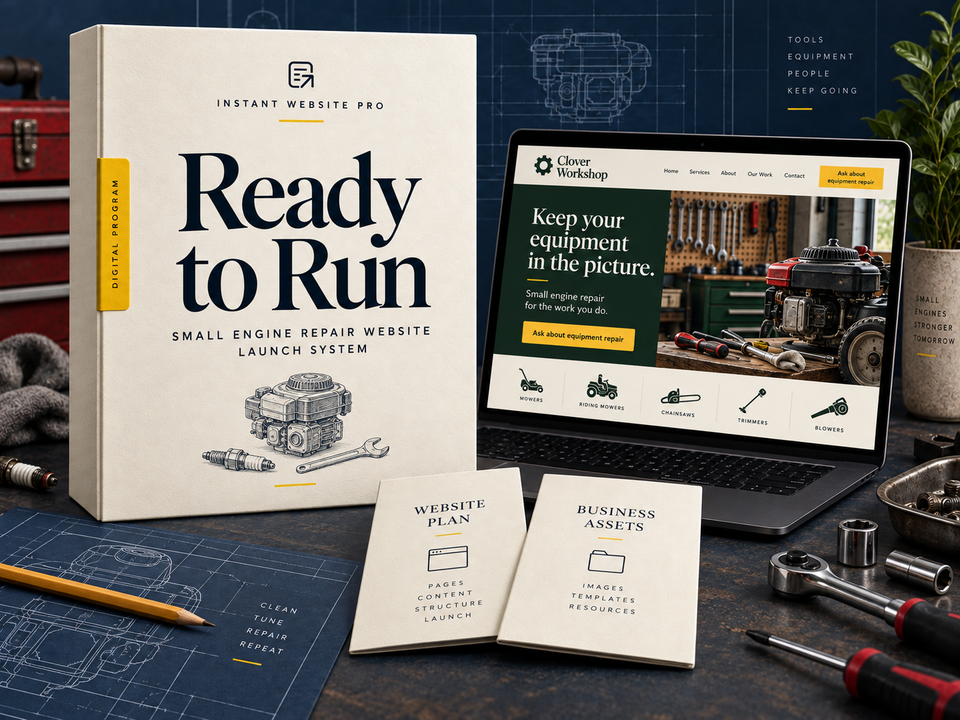 Ready to Run small engine repair website launch system: cream book with a pencil sketch of a small engine with a spark plug and wrench, a laptop showing fictional Clover Workshop, and Website Plan and Business Assets booklets.