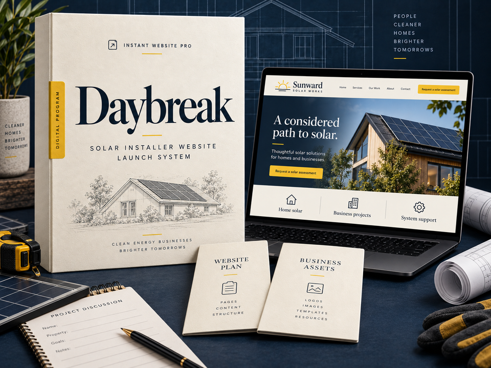 Daybreak solar installer website launch system: cream book with a pencil sketch of a rooftop solar panel array, a laptop showing fictional Sunward Solar Works, and Website Plan and Business Assets booklets.