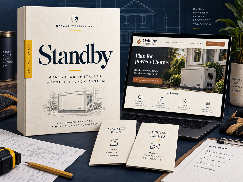 Standby generator installer website launch system: cream book with a pencil sketch of a standby generator enclosure, a laptop showing fictional Oakline Standby Power, and Website Plan and Business Assets booklets.