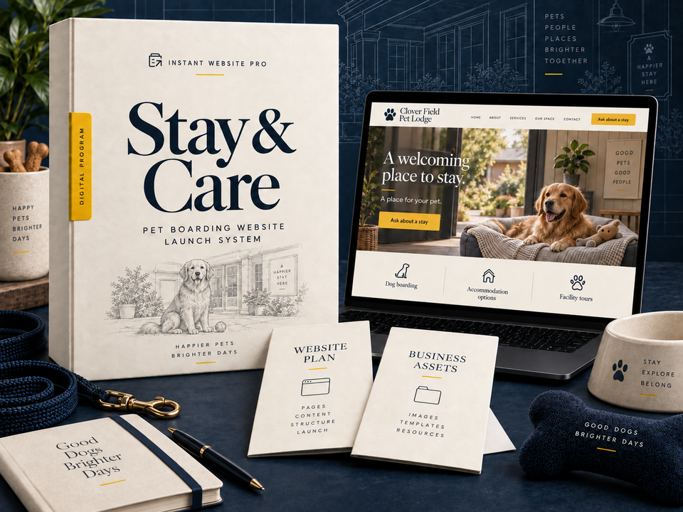 Stay & Care Pet Boarding Website Launch System: cream pencil-sketch program folio, open laptop showing fictional Clover Field Pet Lodge, and Website Plan and Business Assets booklets.