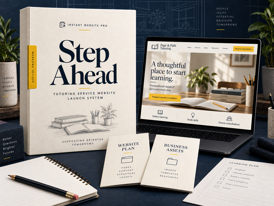 Step Ahead Tutoring Service Website Launch System: cream pencil-sketch program folio, open laptop showing fictional Page & Path Tutoring, and Website Plan and Business Assets booklets.