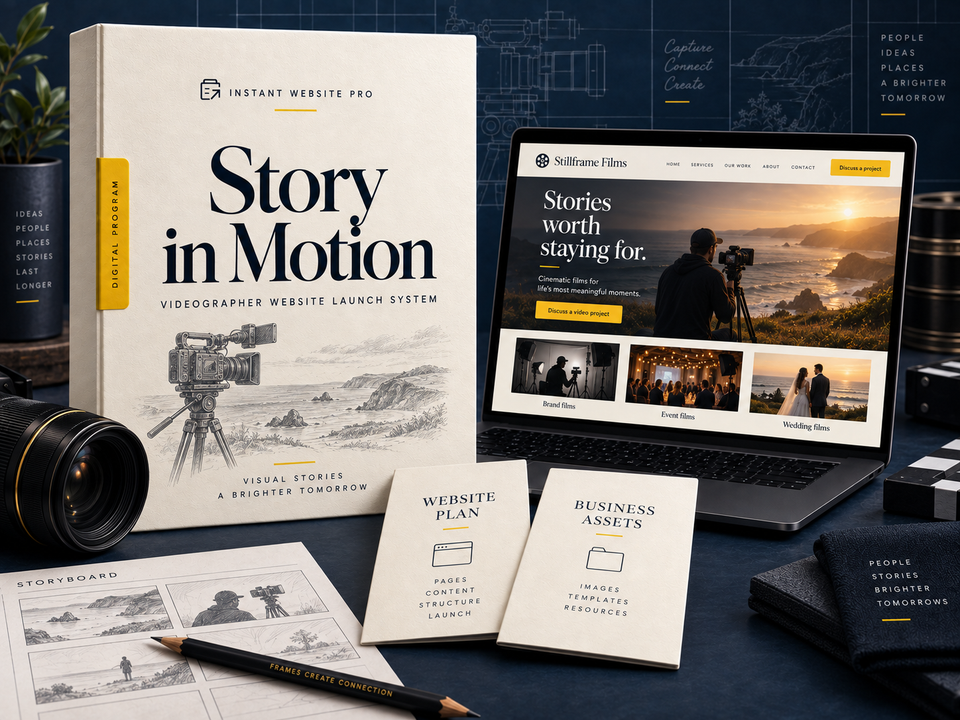 Story in Motion videographer website launch system, with cream folio, pencil sketch, laptop preview for Stillframe Films and Website Plan and Business Assets booklets.