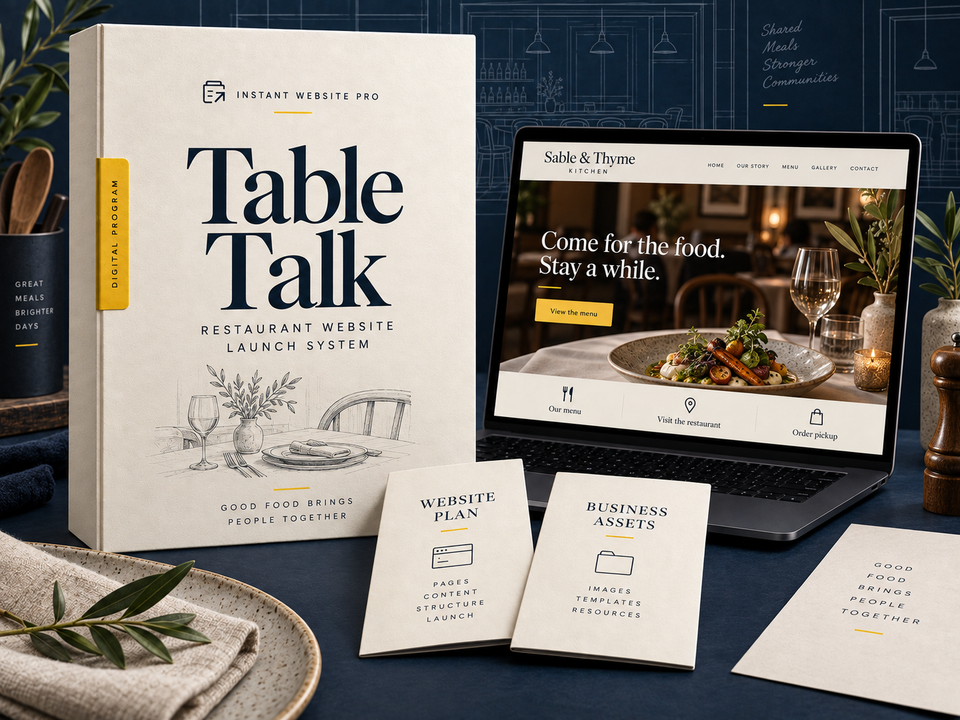 Table Talk Restaurant Website Launch System: cream pencil-sketch program folio, open laptop showing fictional Sable & Thyme Kitchen, and Website Plan and Business Assets booklets.