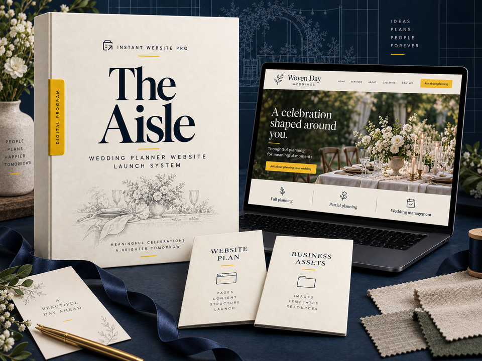 The Aisle Wedding Planner Website Launch System: cream pencil-sketch program folio, open laptop showing fictional Woven Day Weddings, and Website Plan and Business Assets booklets.