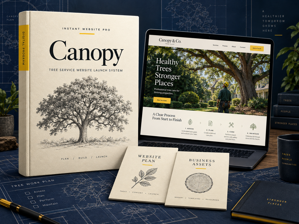 Canopy digital tree-service website program with a cream folio and a fictional Canopy & Co. website preview.