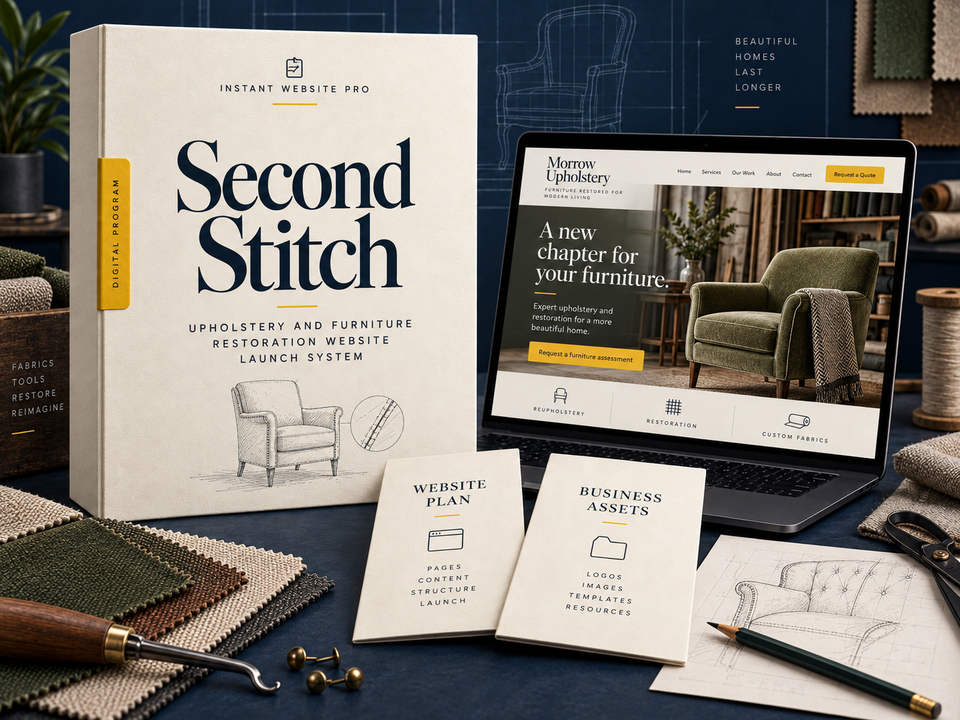 Second Stitch upholstery and furniture restoration website launch system: cream book with a pencil sketch of an upholstered chair with a seam detail, a laptop showing fictional Morrow Upholstery, and Website Plan and Business Assets booklets.