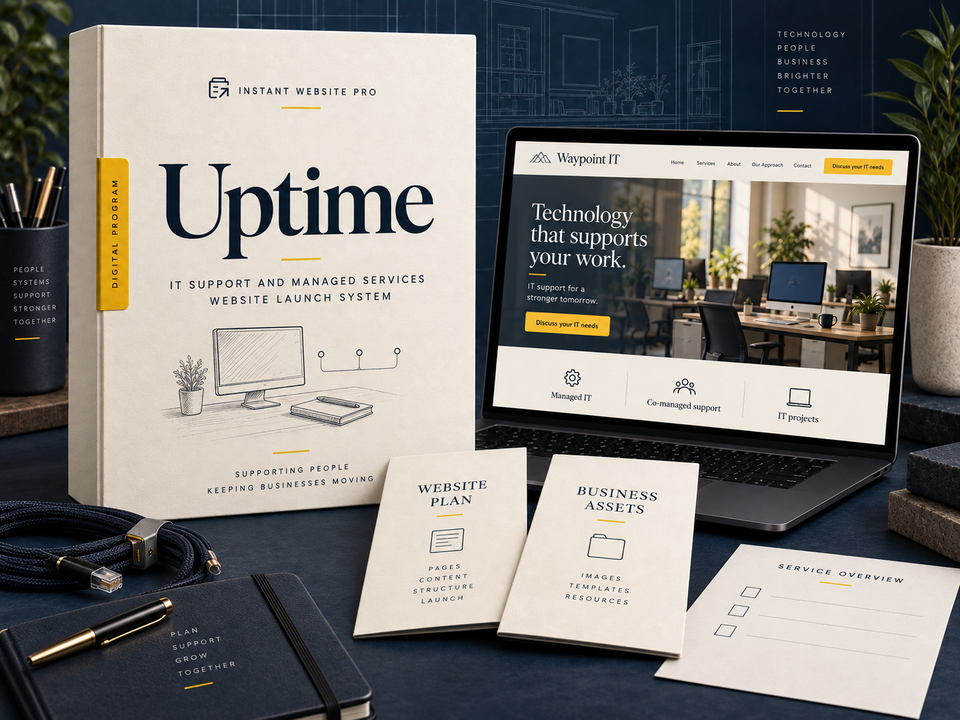 Uptime it support and managed services website launch system, with cream folio, pencil sketch, laptop preview for Waypoint IT and Website Plan and Business Assets booklets.