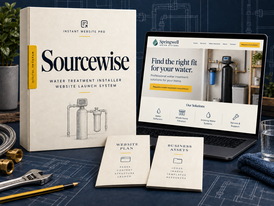 Sourcewise water treatment installer website launch system: cream book with a pencil sketch of a generic water filtration cylinder and pipe section, a laptop showing fictional Springwell Water Systems, and Website Plan and Business Assets booklets.