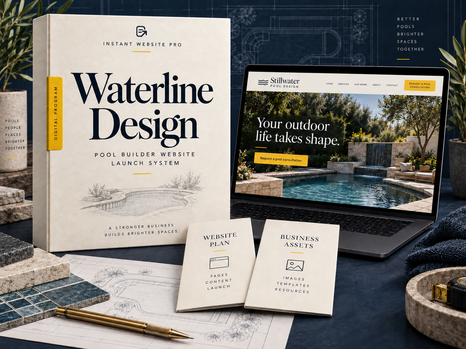 Waterline Design pool builder website launch system: cream book with a pencil sketch of a pool outline with a small waterline detail, a laptop showing fictional Stillwater Pool Design, and Website Plan and Business Assets booklets.