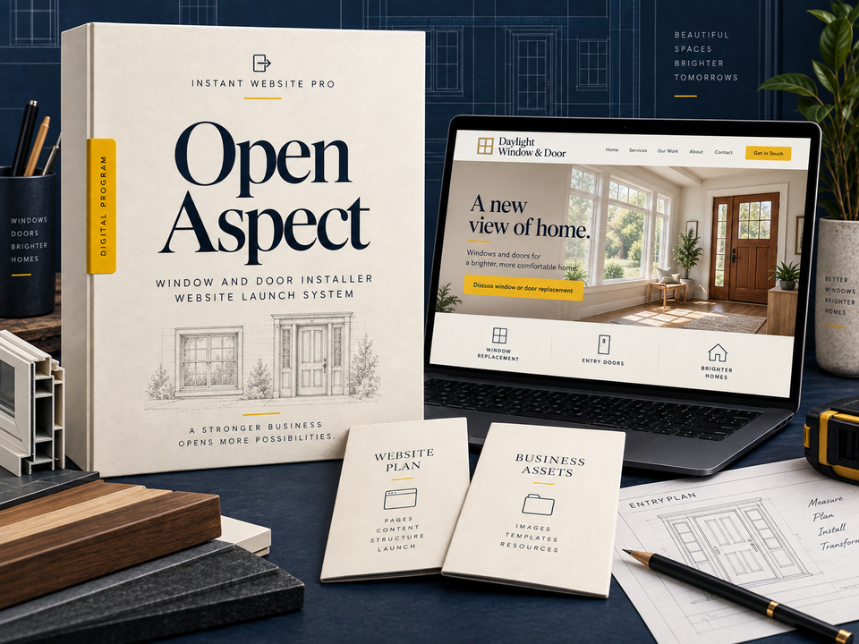 Open Aspect window and door installer website launch system: cream book with a pencil sketch of a window frame and paneled entry door, a laptop showing fictional Daylight Window & Door, and Website Plan and Business Assets booklets.