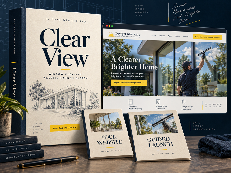 Clear View digital website program for window cleaning, shown as a cream folio with a fictional Daylight Glass Care website preview.